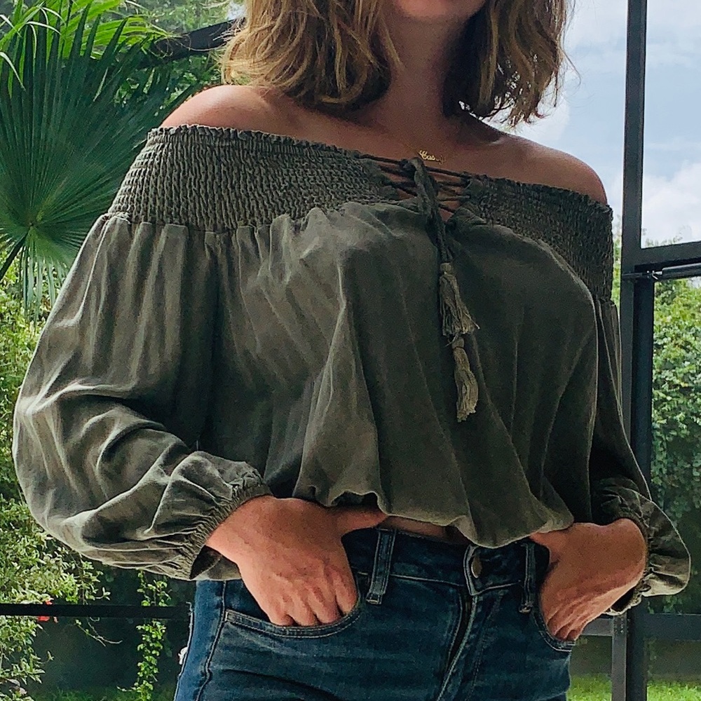 Olive Green Lace Up Off the Shoulder Top